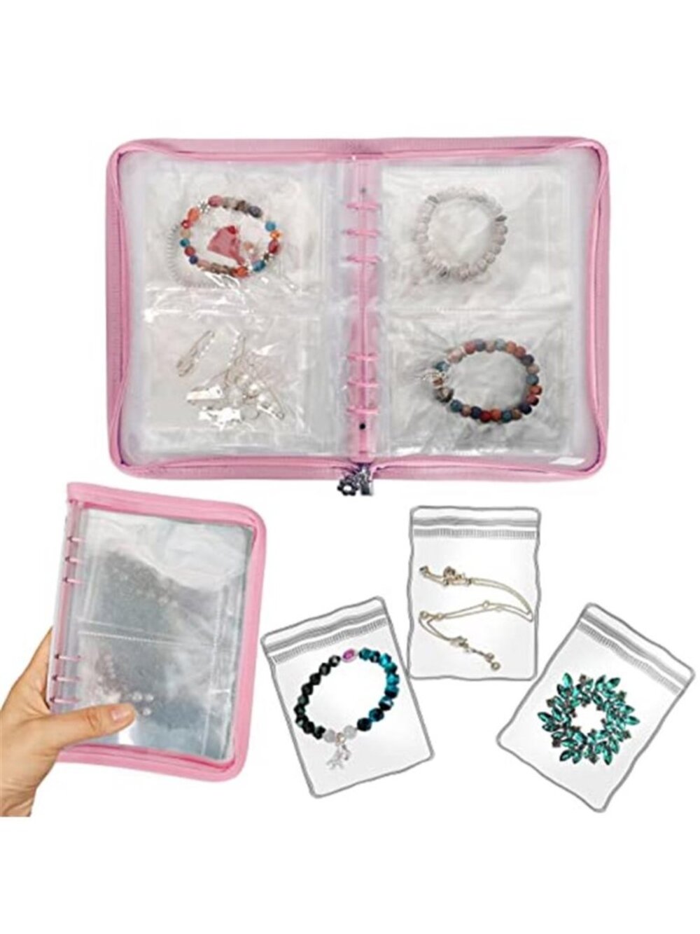 Pink Travel Jewelry Organizer Binder 48 Pouches Necklace Ring Earring Storage